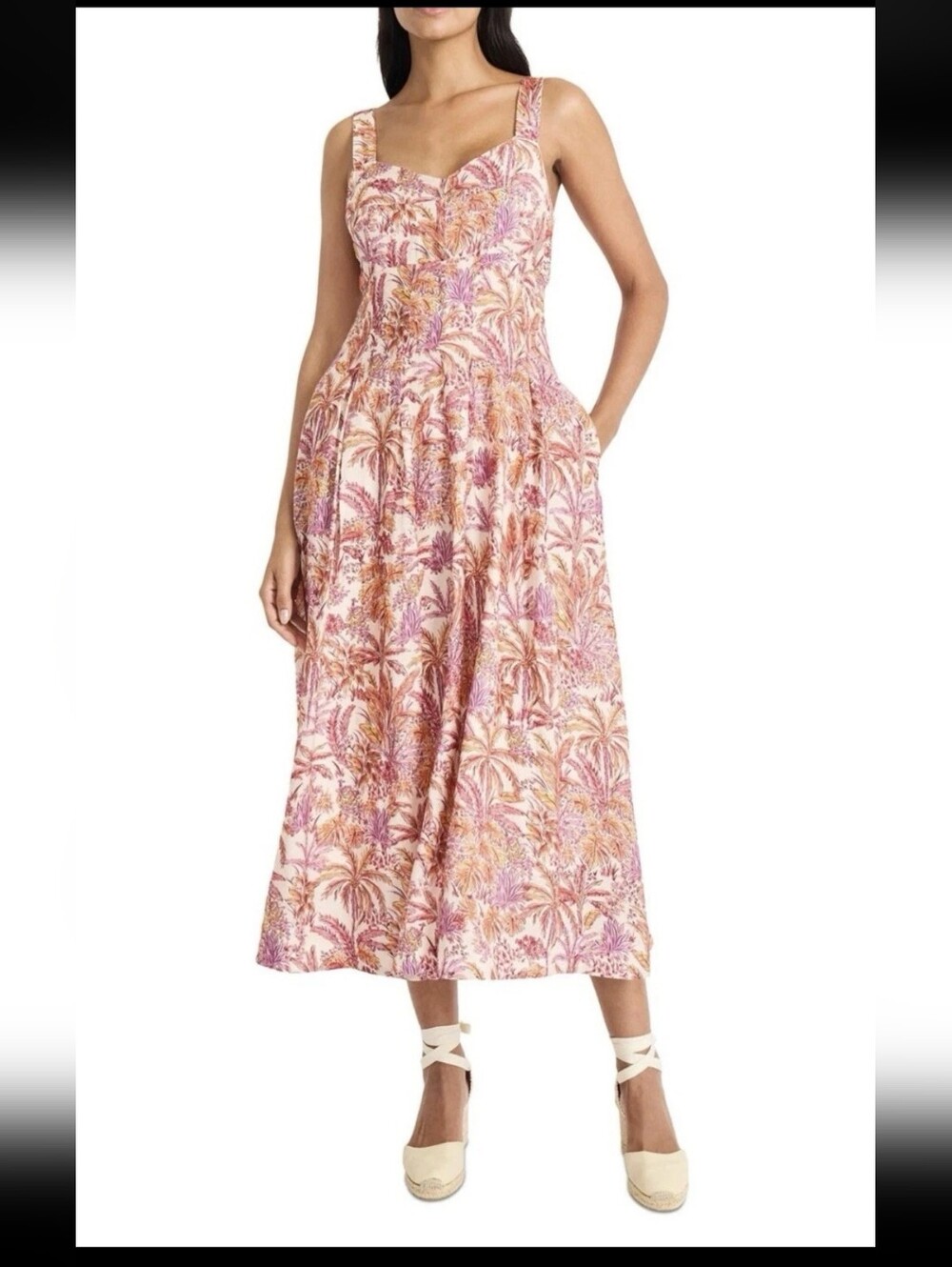 NWT Maggy London Tropical Print Midi Dress Size 14 Pink Palm Fit & Flare Sundres